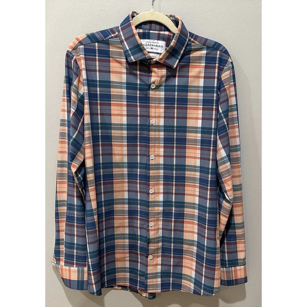 Mizzen+Main Leeward‎ Trim Fit Dress Shirt Mens Large L Blue Orange Checkered